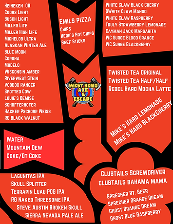 Menu - list of beers, soda, snacks