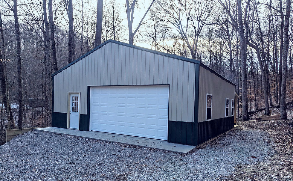 Custom built pole barn with a durable frame, providing extra storage or workshop pae that complemnts the property's style.