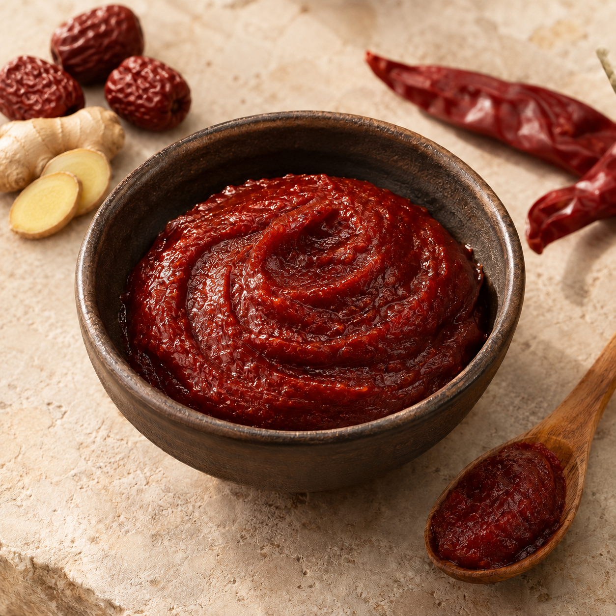 AI-created serving illustration of red gochujang chili paste with jujubes and ginger