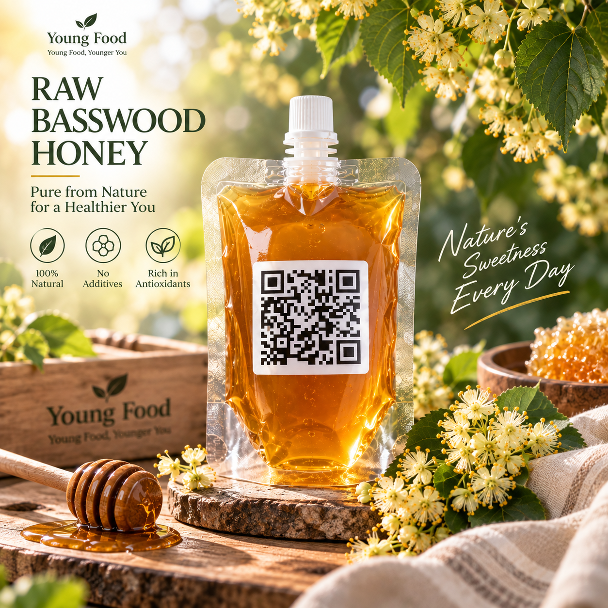 Young Food raw basswood honey in a 16 oz pouch