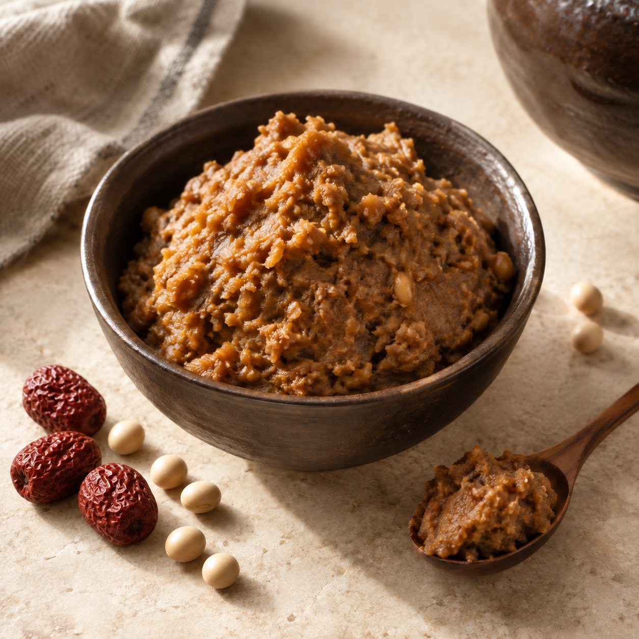 AI-created serving illustration of textured doenjang soybean paste with jujubes