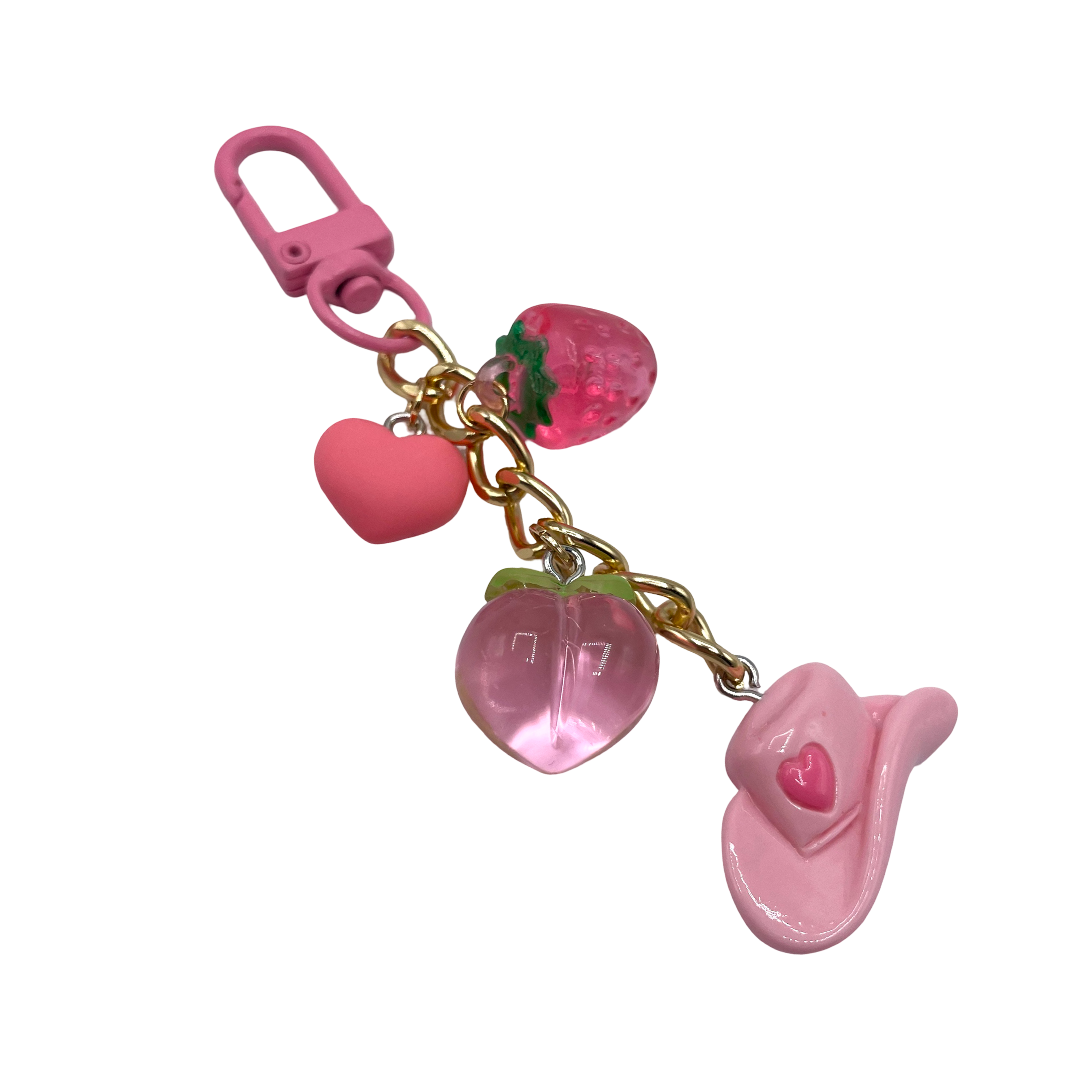 Porte-Clés Rose & Doré - Fraise Cœur Pêche Chapeau