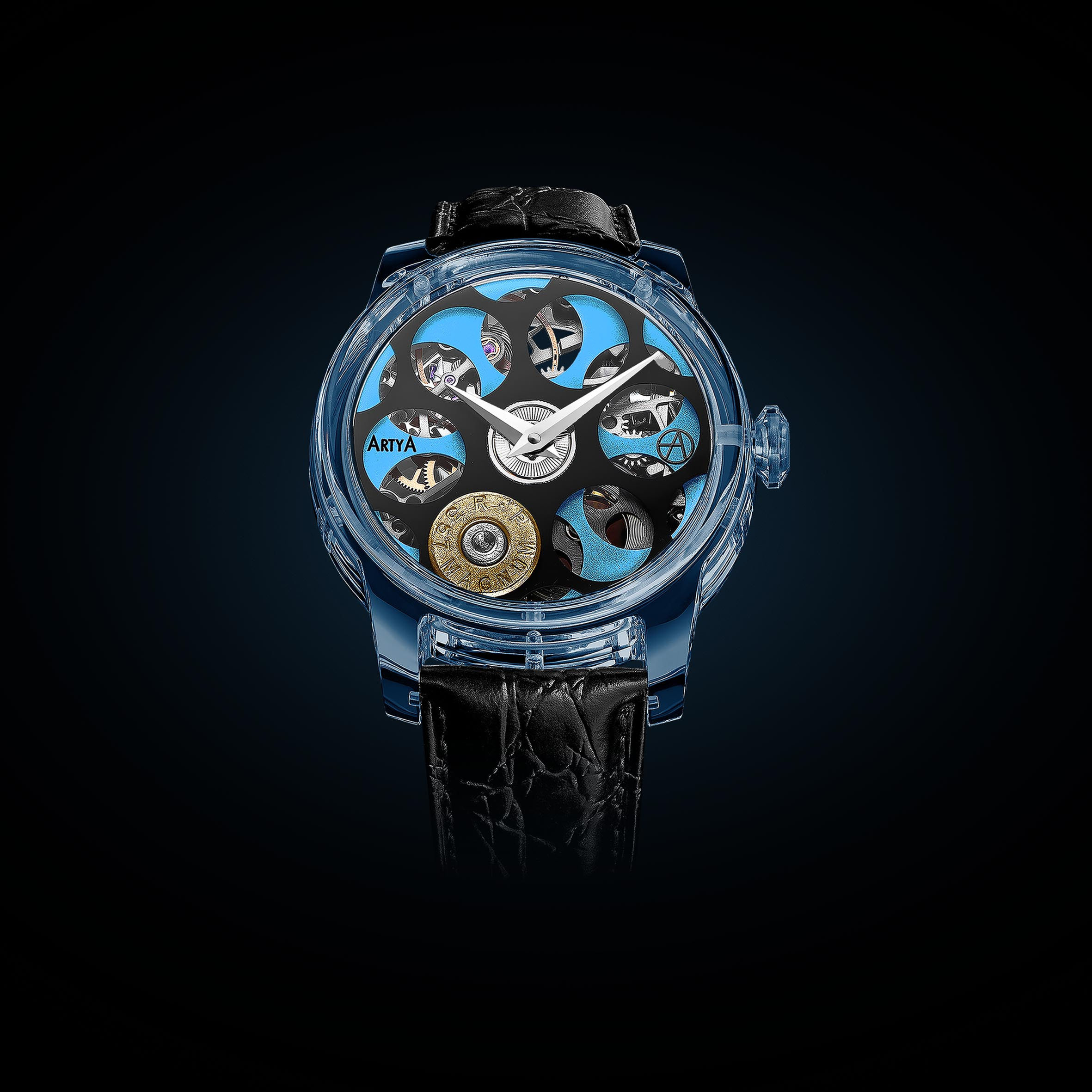 Swiss watch with Russian roulette dial design