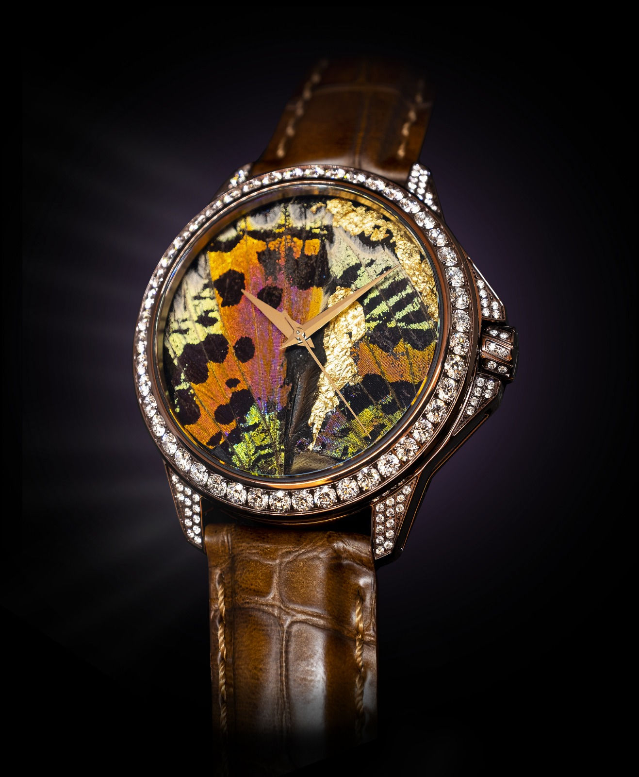 Swiss watch dial made from butterfly wings
