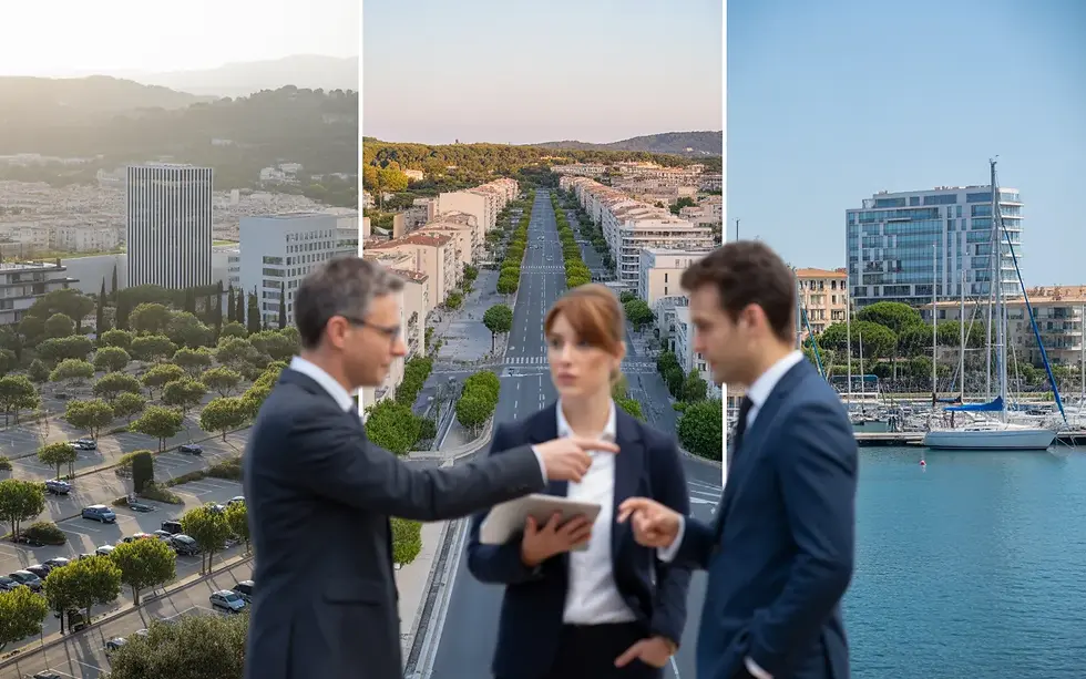 Vignette photo‑réaliste BLC IMMOBILIER : triptyque comparatif de zones de bureaux à Aubagne, Gémenos et La Ciotat (quartiers d’affaires modernes, espaces verts, littoral méditerranéen) avec professionnels discutant autour d’une tablette, visages non reconnaissables.