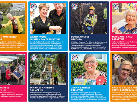A collage of NS members on bright coloured backgrounds, listing where they volunteer