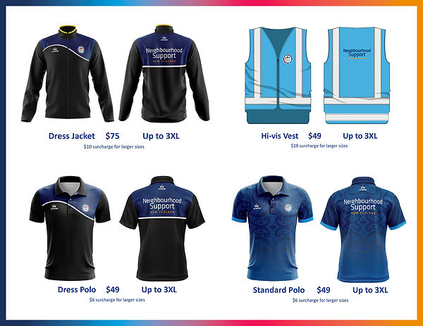 Black and Navy jacket, light blue vest, black and navy polo, blue polo.