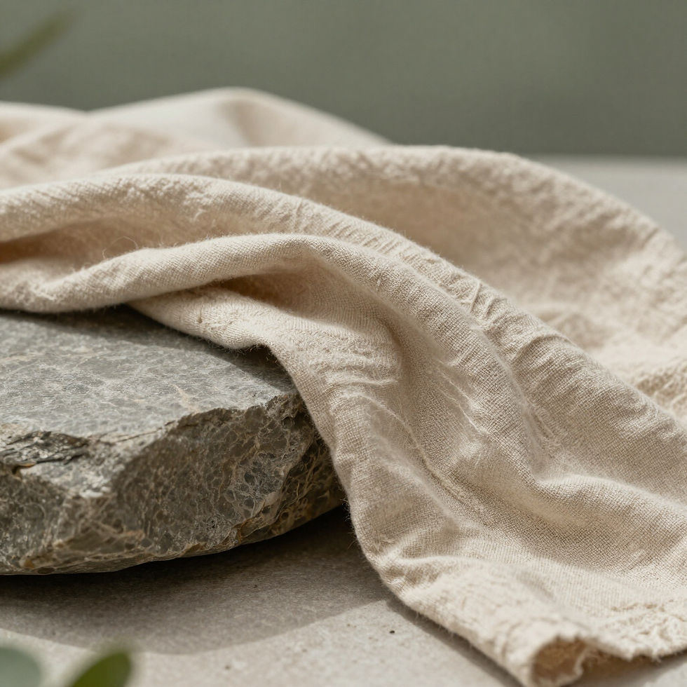 Serene wellness still life featuring a rock and soft textured cloth in earthy neutral tones