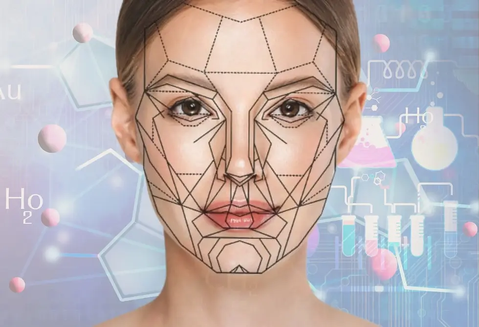 Woman's face overlaid with geometric lines; tech-inspired background with chemical symbols, formulas, and pastel-colored elements.