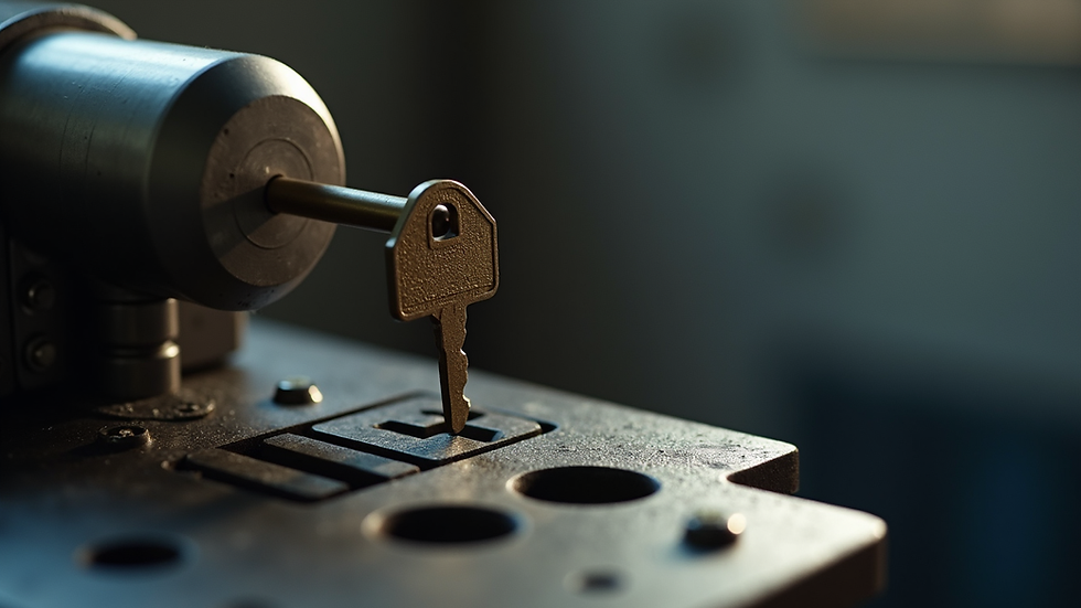 Close-up view of a key cutting machine duplicating a house key