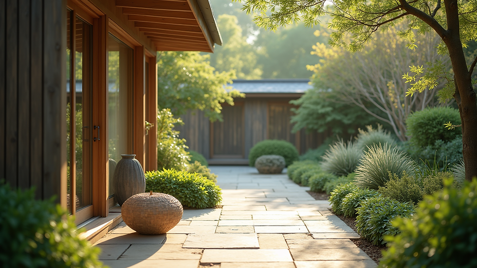 Eye-level view of a serene outdoor space with a peaceful garden