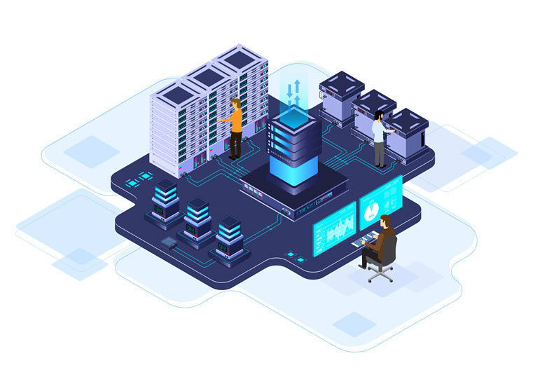 Highly technological server environment with multiple servers and users interacting and using PCs to seamlessly operate tech business environment. Isometric vector illustration.