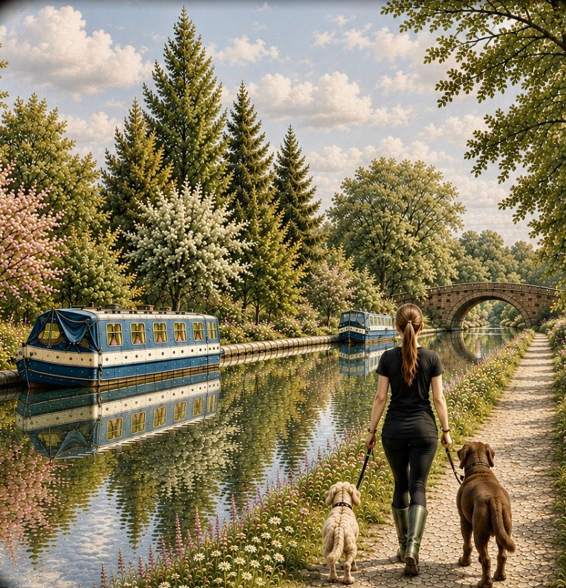 Landscape canal scene with a woman walking two dogs along a towpath