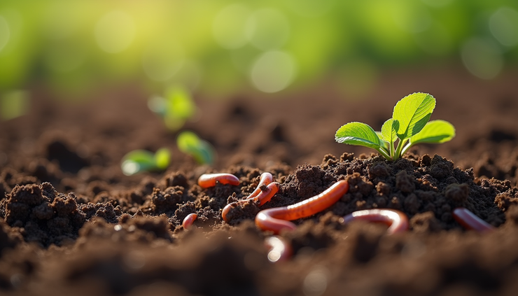 Close-up view of rich, dark soil with visible organic matter and earthworms