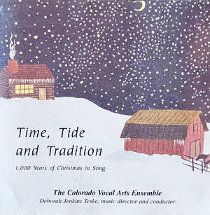 Album art for CVAE's Time, Tide, and Tradition. It is a simple yet cozy painting of a cottage and barn during a snowstorm, with a crescent moon barely visible at the very top of the image.