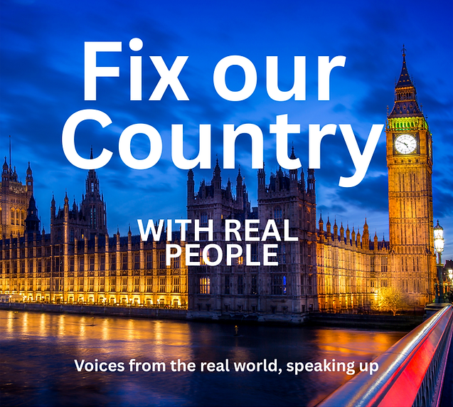 Bill Doody campaign banner reading ‘Fix Our Country — With Real People’ in front of the Houses of Parliament, representing hi