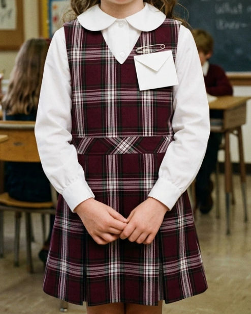 school uniform, safety pins, gas pump, groceries, white envelope