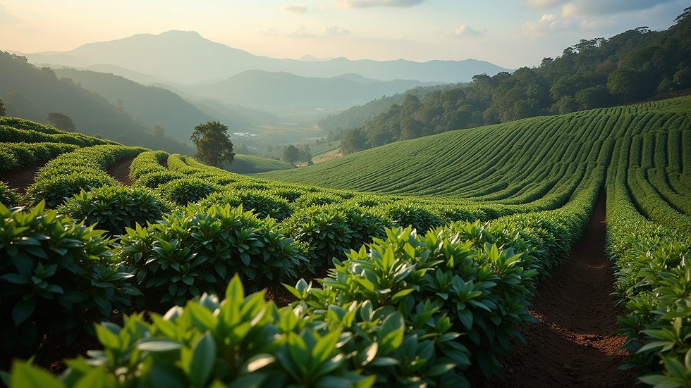 High angle view of coffee plantation with rows of coffee plants