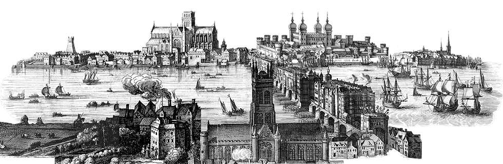 An adaptation of Visccher's famous sixteenth century panorama of London, showing the Globe Theatre, Southwark Cathedral. London Bridge and teh River Thames, St paul's Cathedral, Tower of London, ships in the dockyard, and various other vessels, buildings and agicultural scenes.