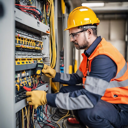 fluke electrical meter PLC electrician working full safety gear working in electrical pane