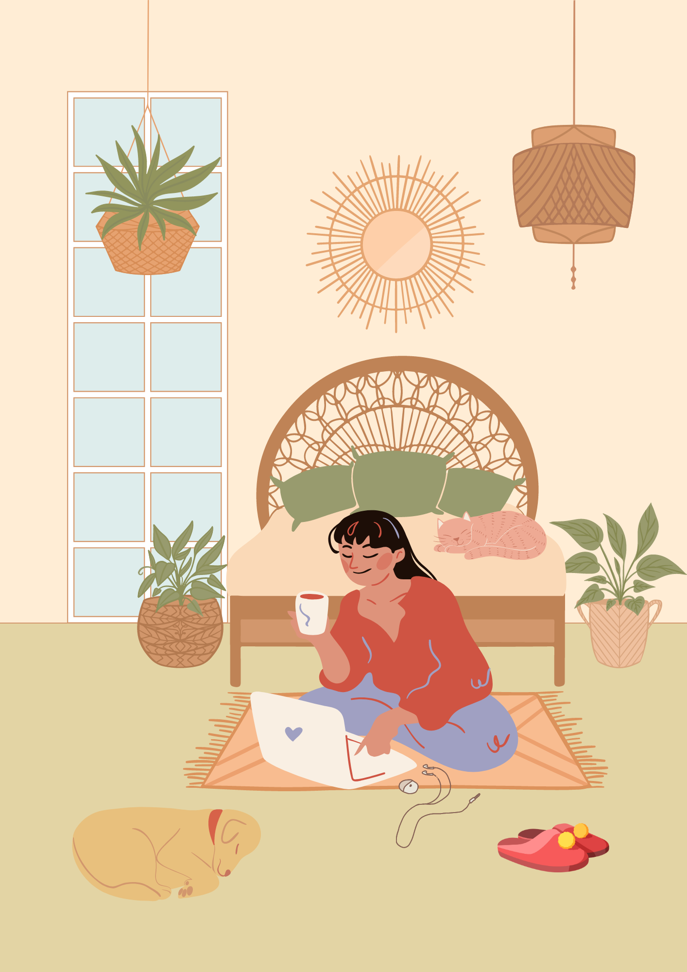 Living room wall art | Cozy wall art | Dog wall art | Girl drinking coffee wall