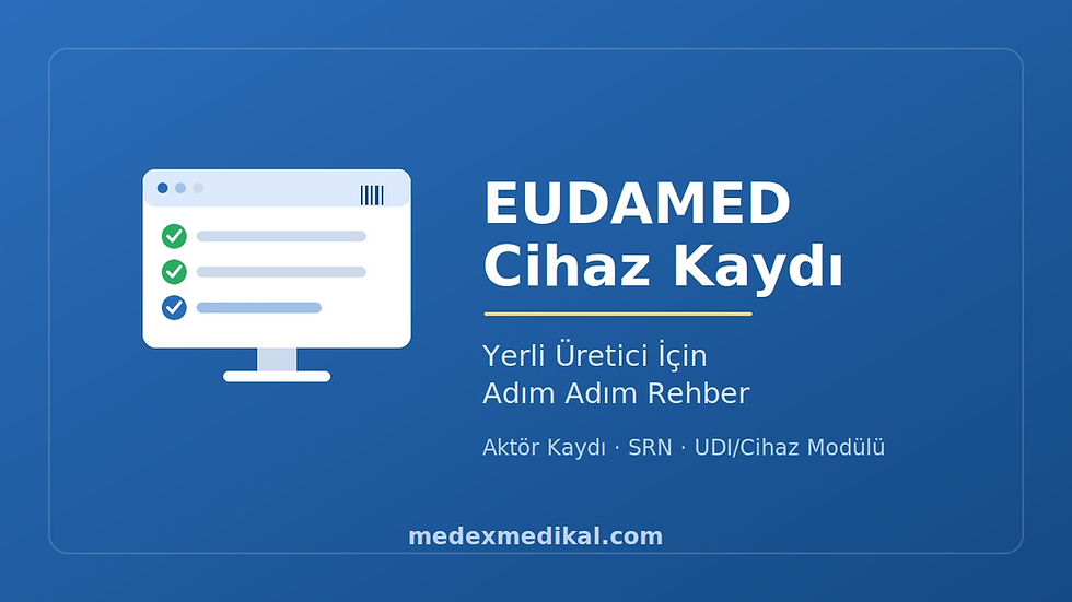 Mavi afişte EUDAMED Cihaz Kaydı, Yerli Üretici İçin Adım Adım Rehber; medexmedikal.com ve bilgisayar simgesi.