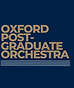 Oxford Postgraduate Orchestra logo, with the orchestra's name in gold font on navy background.