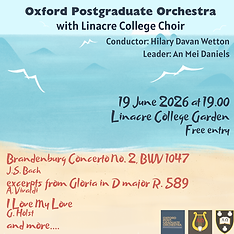 Image of the concert poster, featuring a watercolour of the beach. Text includes details of the Oxford Postgraduate Concert with Linacre College Choir.