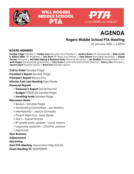 January PTA Meeting Agenda