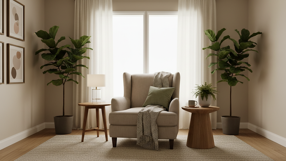 Eye-level view of a cozy therapy office with a comfortable chair and soft lighting