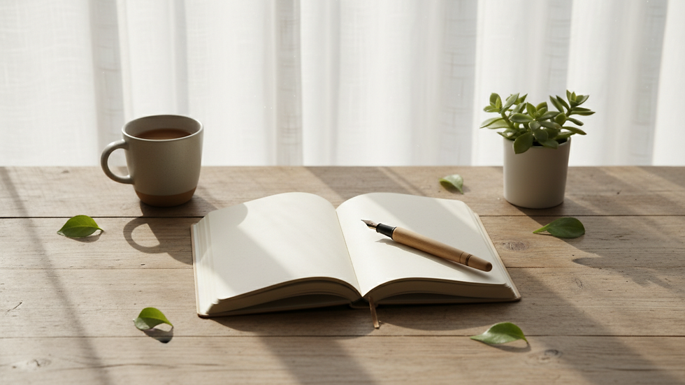 Close-up view of a journal and pen on a wooden table, symbolizing mindfulness and self-care