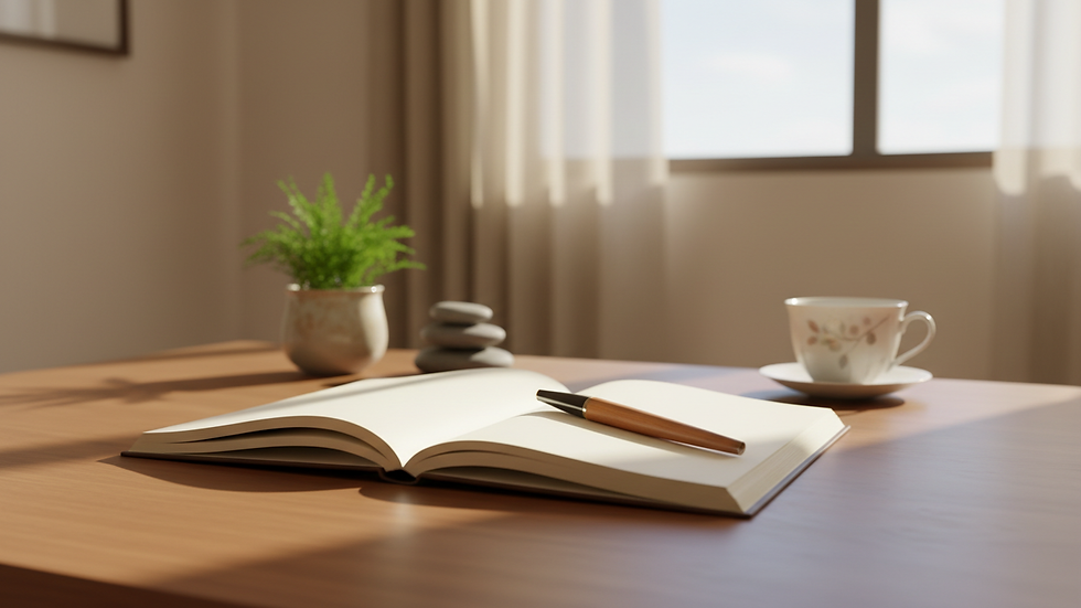 Close-up view of a notebook and pen on a therapy desk