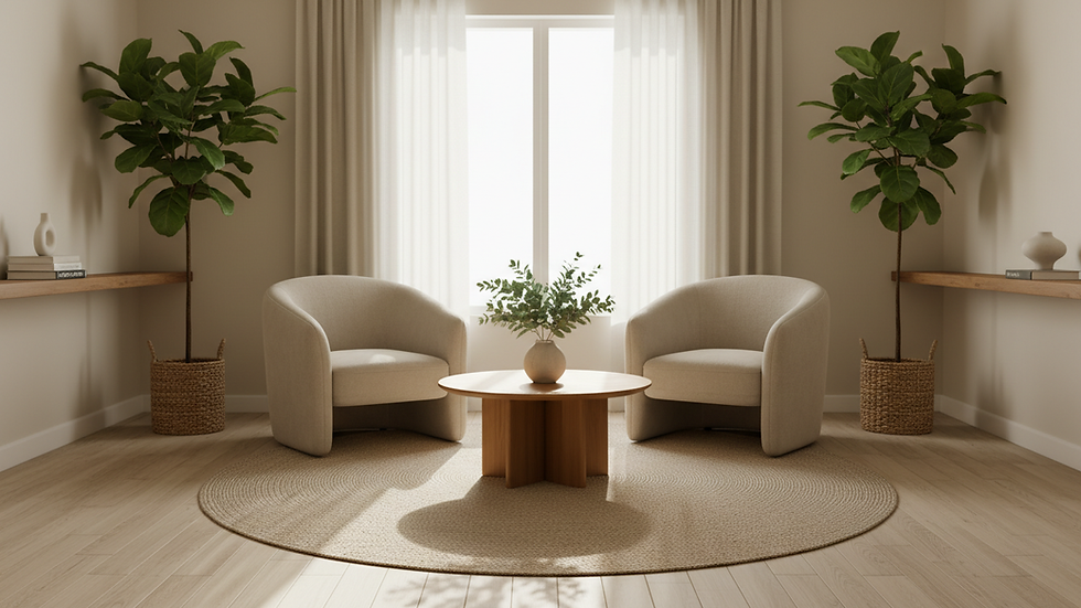 Eye-level view of a calm therapy room with soft lighting and comfortable seating