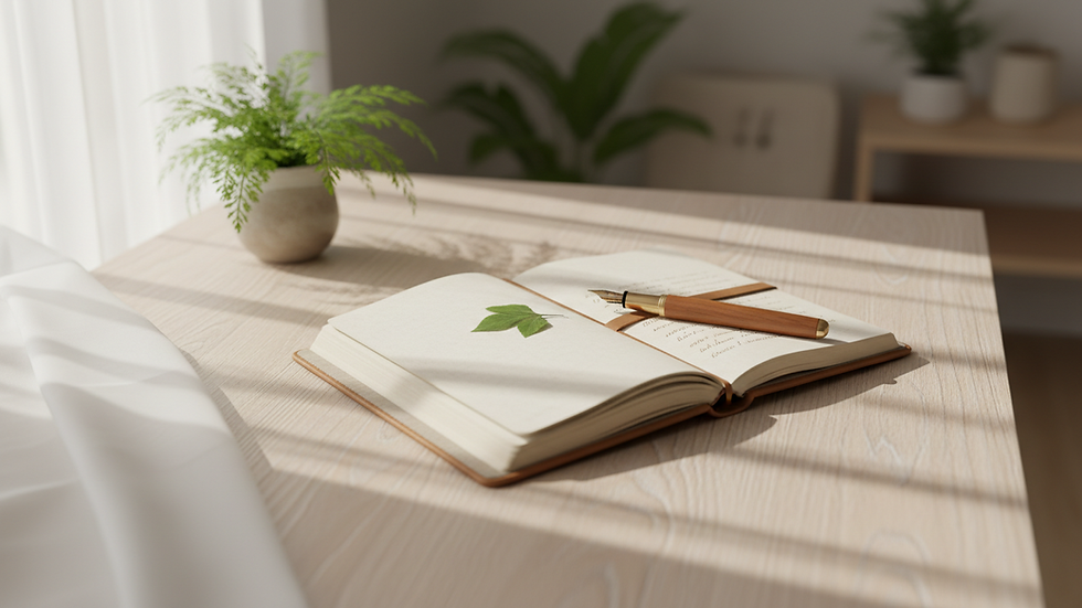 Close-up view of a journal and pen on a wooden table with soft natural light