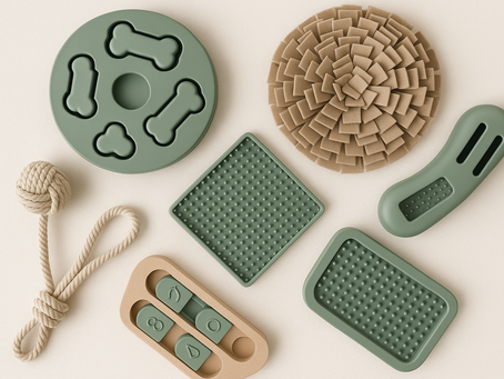 Flat lay of dog enrichment toys