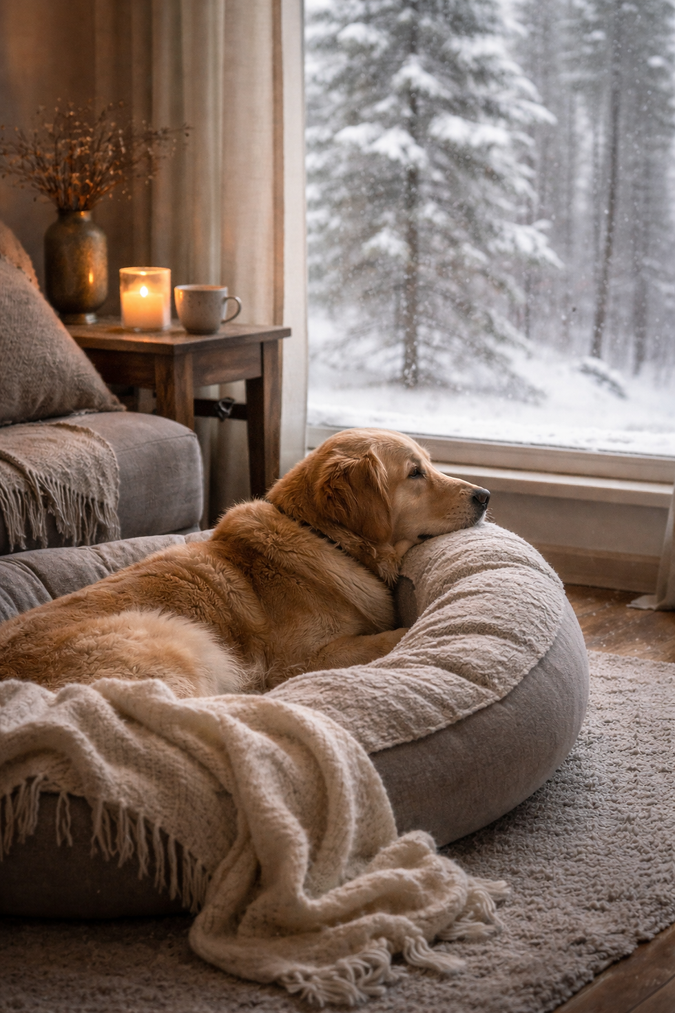 A dog sleeping on a comfortable dog bed with a snowy pine tree in the background
