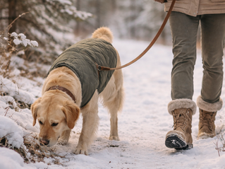 Winter walk with dog on leash