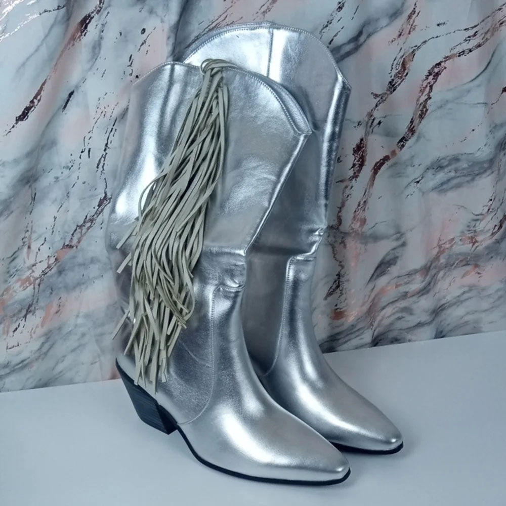 đźšś Ouepiano Metallic Silver Fringe Western Boots