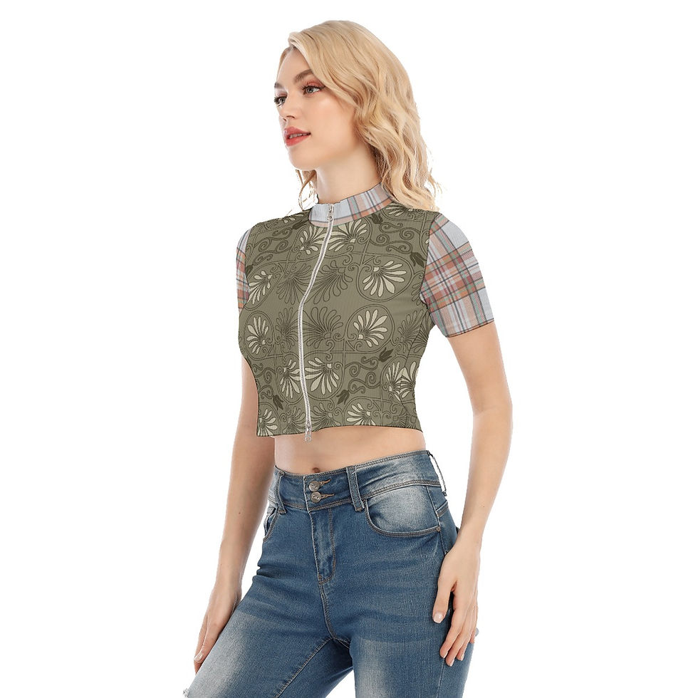 Thumbnail: Joyfall Forest Plaid Women's Short Sleeve T-shirt With Two-way Zipper