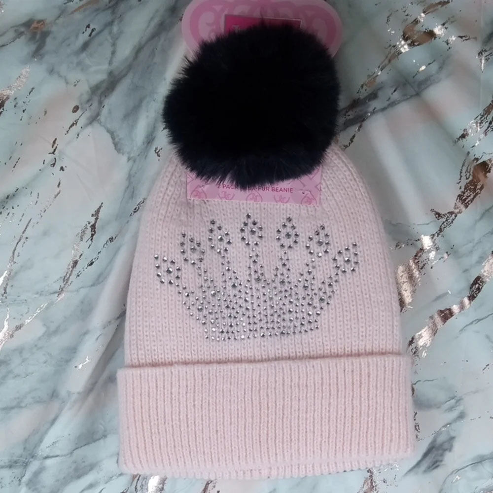 🛍️ Juicy Couture Pink Rhinestone Crown Pom Beanie Hat Set