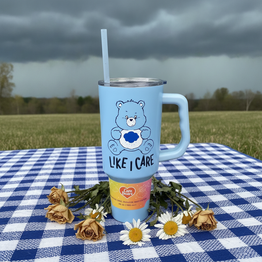 🏠Care Bears Grumpy Bear "Like I Care" Blue Travel Mug with Straw