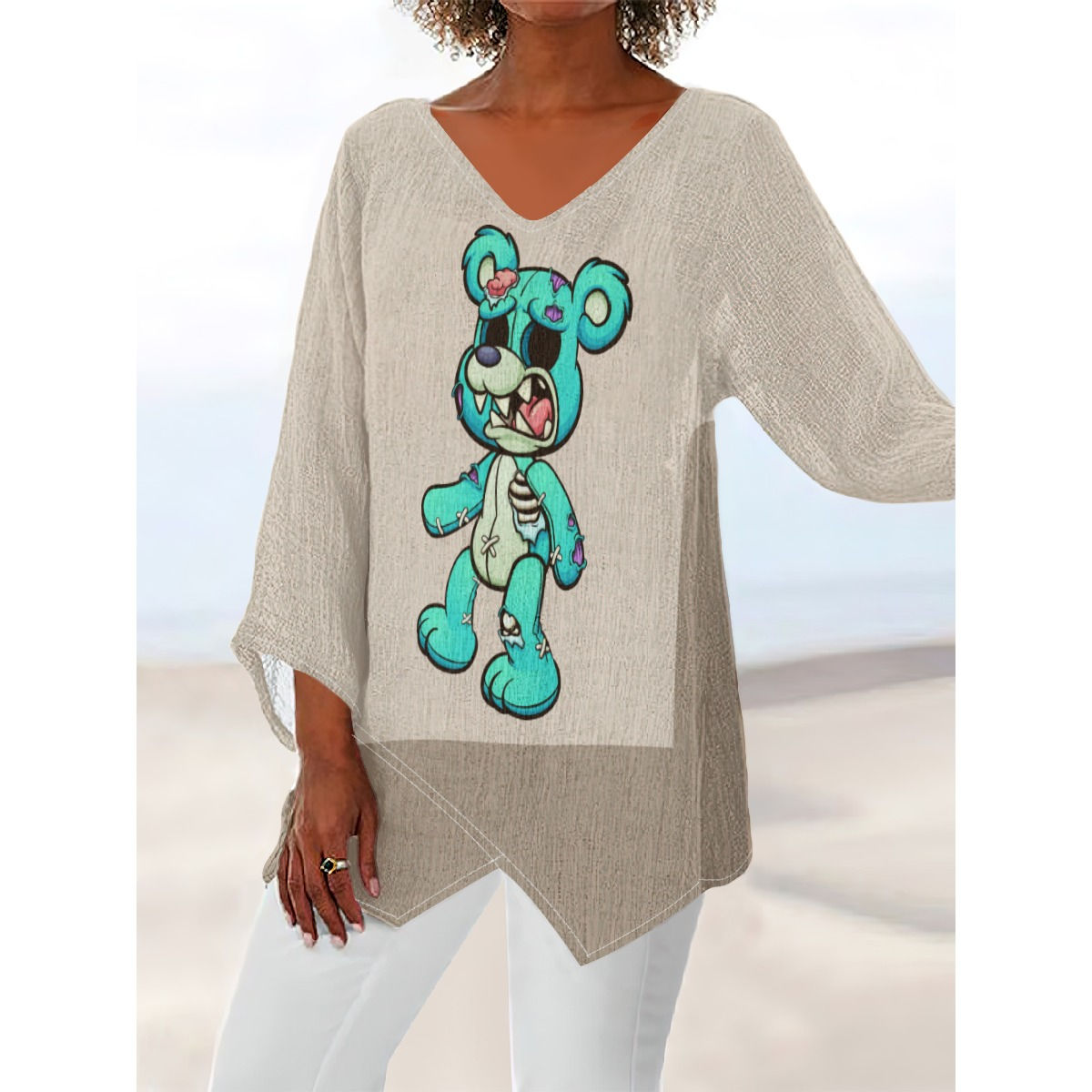 Zombie Zoo Bear Women's V-neck T-shirt With Irregular Hem