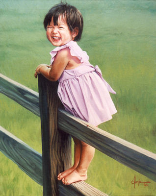 An oil portrait on linen of a  little girl wearing a lavender sun dress holding herself onto a split rail fence in front of a grassy field