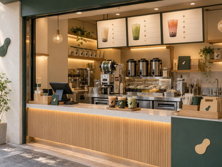 Concept interior of an independent bubble tea shop with a complete brand identity
