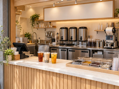 Concept interior of a compact Taiwanese takeaway bubble tea shop