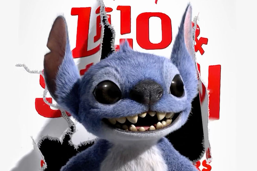 Stitch emerges with a mischievous grin in front of the torn "Lilo & Stitch" logo, capturing his playful and chaotic energy.