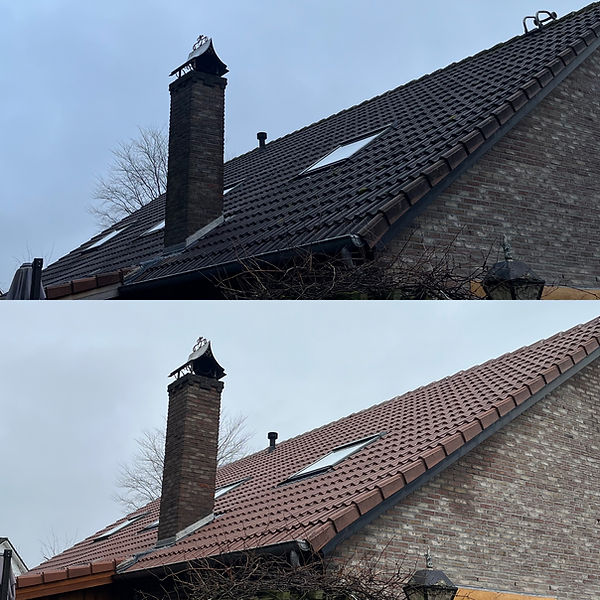 Nettoyage et démoussage d'une toiture en tuiles de béton. traiter avec un anti mousse. Dakontmossing