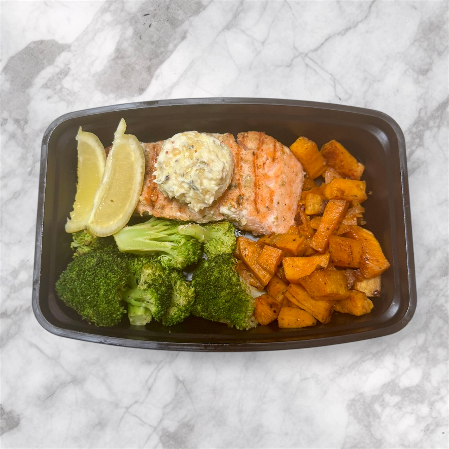 Garlic Butter Salmon with Broccoli & Sweet Potatoes