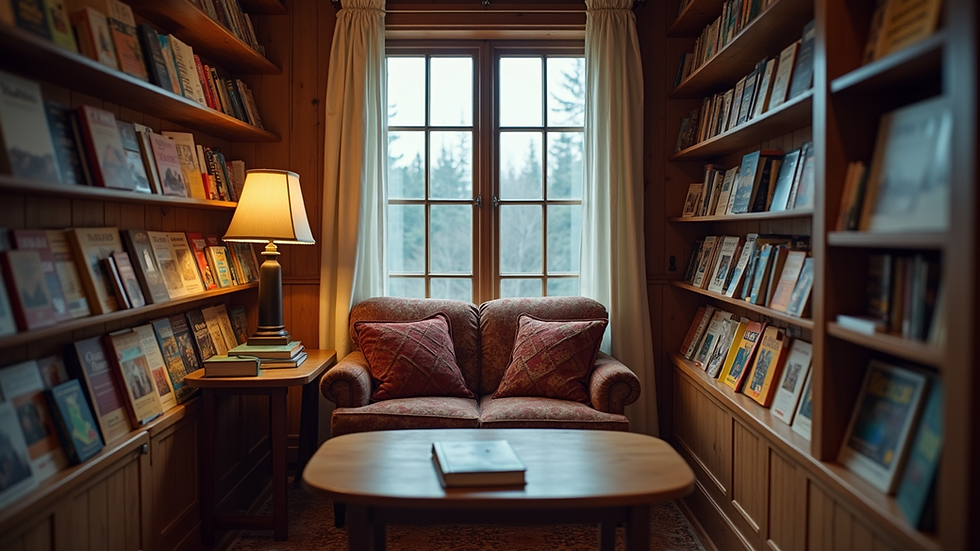 Eye-level view of a cozy reading nook with Alaskan literature on display