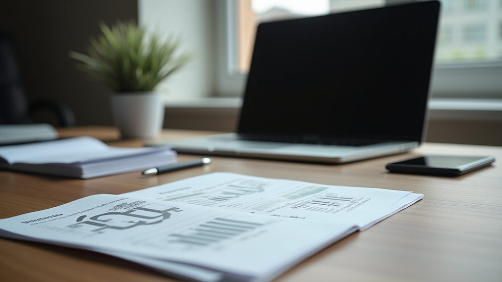 Eye-level view of a desk with a laptop and financial books